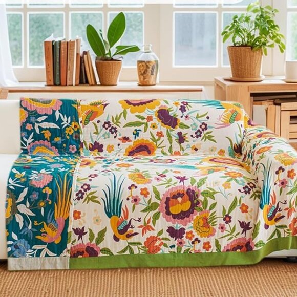 Boho Throw Blanket | 100% Organic Cotton | 60" x 80" | TWIN | Floral Pattern - Picture 2 of 4